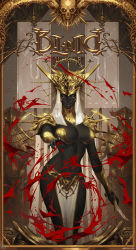  1girl armor black_sclera black_skin blood breasts colored_sclera colored_skin dagger dark-skinned_female dark_skin gold headdress highres holding holding_weapon knife large_breasts looking_at_viewer no_pupils original pauldrons pelvic_curtain pointing pointing_at_viewer shoulder_armor weapon xiaoguimist 