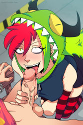  1boy 1girl asymmetrical_clothes mismatched_irises demencia elbow_gloves fellatio furanh gloves handjob hetero highres hood hoodie licking looking_up open_mouth oral penis penis_grab red_hair skindentation solo_focus testicles thighhighs tongue tongue_out uncensored veins veiny_penis villainous  rating:Explicit score:27 user:Bahamut505