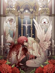  2others angel angel_wings bad_id bad_twitter_id blonde_hair blood blood_on_clothes blood_on_face blood_on_hands bloody_wings candle christianity church closed_mouth column constricted_pupils cross cross_necklace crucifixion crying crying_with_eyes_open exposed_bone feathered_wings flower from_side full_body hair_between_eyes highres holding holding_jewelry holding_necklace indoors injury interlocked_fingers jewelry kei_(meremero) latin_cross long_hair long_sleeves looking_at_another looking_down meremero multiple_others necklace no_pants open_mouth original other_focus own_hands_together pillar praying profile red_eyes red_flower red_hair red_rose rose short_hair sitting statue tears torn_wings white_wings wings yui_(meremero) 