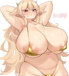  1girl areola_slip arms_behind_head bikini blonde_hair blush breasts closed_mouth collarbone commentary_request covered_erect_nipples cowboy_shot eyes_visible_through_hair hair_over_eyes highres horns huge_breasts long_hair navel original plump simple_background skindentation slit_pupils solo string_bikini sweat swimsuit translation_request tsurime white_background yellow_bikini yellow_eyes zasuta 