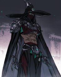  1girl abs armor belt breasts cbb_(tuucoo) cloak covered_face dark_skin gloves glowing glowing_eyes green_eyes hades_(series) hades_2 hat hecate_(hades) highres hood midriff ruins shoulder_armor skirt solo toned underboob witch_hat 