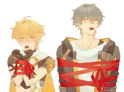  2boys aether_(genshin_impact) ahoge arm_armor armor artist_name blonde_hair blush braid brown_gloves brown_shirt caelus_(honkai:_star_rail) candy cape chocolate chocolate_heart closed_mouth commentary company_connection crossover earrings food food_in_mouth genshin_impact gloves gold_trim grey_hair grey_jacket hair_between_eyes hands_up heart highres honkai:_star_rail honkai_(series) hood hooded_jacket jacket jewelry long_hair long_sleeves looking_at_viewer male_focus mao_omelet mihoyo multiple_boys open_clothes open_jacket orange_eyes orange_jacket red_ribbon ribbon scarf shirt short_hair short_sleeves shoulder_armor simple_background single_earring symbol-only_commentary t-shirt tape trailblazer_(honkai:_star_rail) two-sided_fabric two-sided_jacket white_background white_scarf white_shirt yellow_cape yellow_eyes 