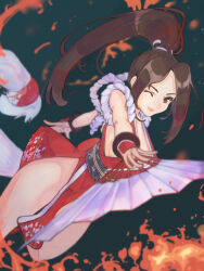  1girl breasts brown_eyes brown_hair dress fatal_fury fire floral_print hand_fan high_ponytail highres japanese_clothes kimono large_breasts looking_at_viewer ooiwa_(irc14786149) pelvic_curtain red_dress red_kimono revealing_clothes shiranui_mai smile snk solo the_king_of_fighters the_king_of_fighters_xv thighs 