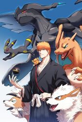  1boy animal animal_on_shoulder arcanine asure_(asure_twi) bleach blue_eyes brown_eyes charizard claws collarbone colored_sclera creatures_(company) crossover dragon dragon_horns dragon_wings fangs game_freak gen_1_pokemon gen_2_pokemon gen_5_pokemon gen_7_pokemon gradient_background green_eyes hand_on_belt highres horns kurosaki_ichigo legendary_pokemon looking_at_animal luxury_ball lycanroc lycanroc_(dusk) nintendo obi open_mouth orange_hair pawmi poke_ball pokemon pokemon_(creature) red_sclera sash shihakusho size_difference smile spiked_hair tail umbreon white_sash wide_sleeves wings yellow_eyes zekrom 