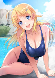  1girl blonde_hair blue_eyes blue_one-piece_swimsuit blue_sky breasts cloud collarbone commentary_request commission competition_swimsuit day feet_out_of_frame hachimiya_meguru highleg highleg_swimsuit highres idolmaster idolmaster_shiny_colors inue_shinsuke large_breasts long_hair one-piece_swimsuit outdoors rock sitting skeb_commission sky solo swimsuit water yokozuwari 
