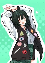  1girl absurdres arms_up black_jacket blush fang green_background green_hair green_skirt hair_between_eyes highres jacket long_sleeves looking_at_viewer love_live! love_live!_nijigasaki_high_school_idol_club mifune_shioriko open_clothes open_jacket open_mouth outline red_eyes scanning shirt short_hair skirt solo standing upper_body white_outline white_shirt 