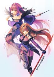  2girls armor asakou_(n_morninglight) blue_background bodysuit breasts brown_hair dress fate/grand_order fate_(series) feather_trim hair_intakes highres holding holding_polearm holding_wand holding_weapon long_hair multiple_girls pauldrons polearm purple_bodysuit purple_dress purple_hair red_eyes scathach_(fate) scathach_skadi_(fate) shoulder_armor spear tiara twitter_username wand weapon wide_sleeves 