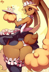  1girl animal_ears artist_name ass back bare_shoulders black_sclera black_thighhighs breasts cake colored_sclera creatures_(company) food frilled_skirt frills from_behind furry furry_female game_freak gen_4_pokemon highres krokobyaka looking_back lopunny maid maid_headdress nintendo open_mouth panties plate pokemon pokemon_(creature) rabbit_ears rabbit_tail red_eyes skirt small_breasts solo tail teeth thighhighs thighs tongue underwear upper_teeth_only wedgie white_panties yellow_background  rating:Questionable score:78 user:DarkToonLink