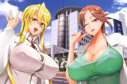 2girls absurdres blonde_hair blush bra breasts brown_eyes brown_hair cleavage covered_erect_nipples creator_connection highres highschool_of_the_dead huge_breasts lab_coat lace lace_bra lingerie long_hair marikawa_shizuka measurements multiple_girls nail_polish one_eye_closed open_mouth sagiri_yuuko satou_shouji see-through shiny_skin shirt smile taut_clothes taut_shirt triage_x underwear wink rating:Questionable score:255 user:danbooru