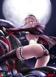1girl akatsuki_akane artoria_pendragon_(all) artoria_pendragon_(alter_swimsuit_rider)_(fate) artoria_pendragon_(alter_swimsuit_rider)_(second_ascension)_(fate) artoria_pendragon_(fate) ass bikini black_bikini black_thighhighs blonde_hair breasts butt_crack fate/grand_order fate_(series) full_moon glowing glowing_eyes hood hoodie long_sleeves looking_at_viewer looking_down looking_to_the_side maid maid_bikini maid_headdress moon open_clothes open_hoodie partially_visible_vulva riding saber_alter short_hair small_breasts solo swimsuit thighhighs unconventional_maid yellow_eyes rating:Questionable score:16 user:danbooru