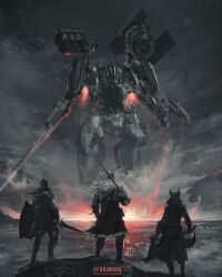  3others ambiguous_gender armor armored_core armored_core_6 artist_name bloodborne bloody_wolf_(elden_ring) chosen_undead cloud cloudy_sky crossover dark_souls_(series) elden_ring embers explosion full_armor grey_sky greyscale gun hat helm helmet highres holding holding_shield holding_sword holding_weapon hunter_(bloodborne) instagram_logo instagram_username knight mecha monochrome multiple_others reflection reflective_water robot saw saw_cleaver scabbard science_fiction sheath shield shimhaq sky spot_color standing sword tarnished_(elden_ring) weapon  rating:General score:25 user:danbooru