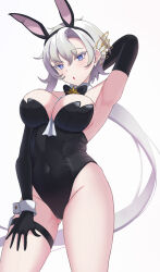  1girl :o absurdres alternate_costume animal_ears arm_behind_head armpits backless_leotard bare_shoulders between_breasts black_bow black_bowtie black_gloves black_leotard blue_eyes bow bowtie breasts brooch colored_eyelashes commission covered_navel detached_collar elbow_gloves fake_animal_ears floating_hair gloves groin hair_between_eyes hair_ornament hairclip hand_on_own_thigh handkerchief highres jewelry leotard liora_walkyria long_hair low_ponytail playboy_bunny rabbit_ears rizzy sidelocks simple_background skeb_commission star_brooch strapless strapless_leotard thigh_strap thong_leotard tsurime v&amp;u_entertainment very_long_hair virtual_youtuber white_background white_hair wing_hair_ornament wrist_cuffs 