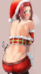 1girl ass back back_focus backboob bare_shoulders belt black_belt black_footwear blue_eyes blush breasts christmas code_geass code_geass:_lost_stories commentary from_behind fur-trimmed_shorts fur_trim hat heavy_breathing high_heels highres kouzuki_kallen large_breasts looking_at_viewer looking_back pantylines red_hair red_shorts santa_costume santa_hat short_hair short_shorts shorts signature skindentation solo squatting sweat whale_tail_(clothing) yoo_tenchi rating:Sensitive score:64 user:danbooru