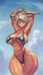 1girl abs armpits bikini blazblue blazblue:_chronophantasma breasts bullet_(blazblue) cloud cowboy_shot curvy cutesexyrobutts dark-skinned_female dark_skin female_focus gauntlets highleg highleg_bikini highres large_breasts looking_at_viewer muscular muscular_female navel scar short_hair sky solo swimsuit thick_thighs thighs tomboy toned weapon white_hair wide_hips yellow_eyes rating:Sensitive score:186 user:Incubus_Index