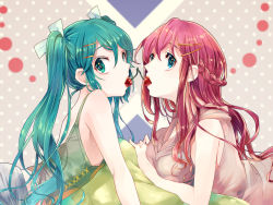 2girls aqua_eyes aqua_hair bad_id bad_pixiv_id bare_arms bare_shoulders blue_eyes braid breast_rest breasts cherry couple daystar female_focus flat_chest food french_braid fruit hair_ornament hairclip hatsune_miku itsuya_(daystar) large_breasts long_hair looking_at_viewer lying megurine_luka mouth_hold multiple_girls on_stomach pink_hair shared_food sleeveless tank_top twintails very_long_hair vocaloid yuri rating:General score:11 user:danbooru