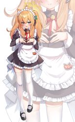  1girl alternate_costume animal_ears apron black_dress black_footwear blue_archive blue_eyes blush carrot_(jetcarrot) cat_ears dress enmaided frilled_apron frills hair_between_eyes halo highres juliet_sleeves long_hair long_sleeves maid maid_apron maid_headdress mari_(blue_archive) multiple_views open_mouth orange_hair puffy_sleeves shoes simple_background smile thighhighs two_side_up waist_apron white_apron white_background white_thighhighs yellow_halo zoom_layer 