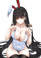  1girl absurdres amai-pai animal_ears black_hair black_thighhighs blue_archive breasts fake_animal_ears highres large_breasts leotard long_hair looking_at_viewer parted_lips playboy_bunny rabbit_ears red_eyes rio_(blue_archive) sitting solo thighhighs thighs very_long_hair white_leotard 