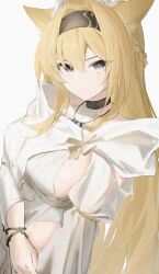  1girl :| absurdres animal_ears arknights black_choker black_hairband blonde_hair braid breasts bright_pupils choker closed_mouth clothing_cutout dot_nose dress expressionless film_grain french_braid gradient_eyes grey_eyes hair_between_eyes hair_intakes hairband halterneck highres horn_(arknights) horn_(to_effloresce_whitely)_(arknights) jewelry large_breasts long_hair looking_at_viewer multicolored_eyes necklace official_alternate_costume ozeu0916 sideboob sidelocks solo white_dress white_pupils wolf_ears wolf_girl 