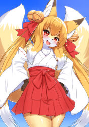  1girl :3 animal_ear_fluff animal_ears bell blonde_hair blue_background blush body_fur cowboy_shot detached_sleeves fangs flat_chest fox_ears fox_girl fox_tail furry furry_female hair_bell hair_ornament hair_ribbon highres horokusa_(korai) japanese_clothes jingle_bell long_hair miko open_mouth orange_fur original red_eyes ribbon simple_background solo standing tail tail_raised twintails very_long_hair white_fur wide_sleeves 