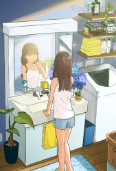  1girl ahoge bare_shoulders basket bathroom blue_flower blue_shorts brown_hair brushing_teeth camisole choppy_bangs closed_eyes collarbone day facing_ahead faucet flower full_body highres holding holding_toothbrush hydrangea indoors laundry_basket long_hair mat matsumine_(twin-mix) mirror original plant potted_plant reflection shampoo_bottle shelf shorts sidelocks sink solo straight_hair strap_slip toothbrush towel trash_can vase washing_machine white_camisole wooden_floor 