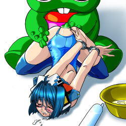 1girl 1other 2k-tan anal anal_fingering arms_behind_back ass_cutout ass_juice assless_swimsuit bdsm blue_hair blue_thighhighs blush bondage bound bound_wrists clenched_teeth closed_eyes clothing_cutout clyster_syringe creature cuffs drooling enema fingering gachapin glasses handcuffed hetero hirake!_ponkikki os-tan puddle saliva short_hair simple_background sitting spread_legs swimsuit teeth thighhighs top-down_bottom-up what white_background rating:Explicit score:17 user:danbooru
