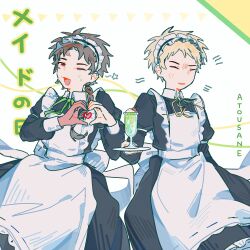  2boys absurdres anger_vein apron atou_haruki black_dress blonde_hair blush_stickers braid brown_hair burn_scar chinese_commentary closed_eyes collared_dress commentary_request crossdressing dress father_and_son green_ribbon harada_minoru heart heart_hands highres holding holding_plate long_sleeves maid maid_apron maid_day male_focus male_maid melon_soda multiple_boys neck_ribbon nervous_smile one_eye_closed open_mouth plate puffy_sleeves radish_(xinjinjumin) red_eyes ribbon saibou_shinkyoku scar scar_on_face scar_on_forehead scar_on_hand short_hair side_braid single_blush_sticker single_braid smile star_(symbol) sweat translated white_apron yellow_ribbon 