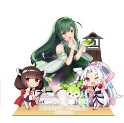  3girls :d ;d absurdres animal_ear_fluff animal_ears blush_stickers brown_eyes brown_footwear brown_hair double_fox_shadow_puppet food food_request fox_shadow_puppet frilled_skirt frills green_hair green_skirt grey_hair grin hands_up highres holding holding_plate japanese_clothes kimono long_hair long_sleeves looking_at_viewer multiple_girls obi one_eye_closed open_mouth partner_(kprtnr) plate pleated_skirt ponytail purple_skirt red_eyes sandals sash simple_background skirt smile thighhighs touhoku_itako touhoku_kiritan touhoku_zunko twintails very_long_hair voiceroid voicevox white_background white_kimono white_thighhighs wide_sleeves zouri zundamon 