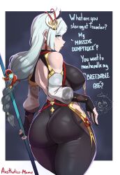 2girls absurdres aestheticc-meme artist_name ass back black_bodysuit bodysuit braid breasts calamity_queller_(genshin_impact) curvy english_text from_behind genshin_impact highres huge_ass large_breasts long_hair looking_to_the_side mature_female multiple_girls paimon_(genshin_impact) polearm praying shenhe_(genshin_impact) sideboob skin_tight sleeveless solo_focus standing steaming_body thick_thighs thighs very_long_hair weapon white_hair rating:Questionable score:189 user:armorcrystal