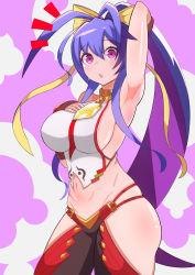  1girl absurdres arc_system_works armpits arms_up artist_request blazblue blue_hair breasts highres large_breasts mai_natsume surprised  rating:Sensitive score:10 user:CoomGang69