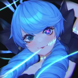 1girl absurdres ahoge black_background black_bow blue_hair blush bow glowing grey_background gwen_(league_of_legends) hair_bow highres league_of_legends long_hair mettyon portrait scar smile solo symbol-shaped_pupils tongue tongue_out twintails x-shaped_pupils rating:Sensitive score:7 user:danbooru