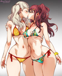  2023 2girls artist_name bare_shoulders bikini blonde_hair breasts closed_eyes collarbone commentary cosplay costume_switch dated english_commentary female_focus floral_print gluteal_fold hair_ornament hairclip hug in-franchise_crossover kiss kujikawa_rise medium_breasts medium_hair mina_cream multicolored_bikini multicolored_clothes multiple_girls navel one-armed_hug persona persona_4 persona_5 red_hair side-tie_bikini_bottom standing stomach swimsuit takamaki_anne trait_connection underboob yuri 
