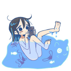  1girl bikini black_eyes black_hair blush_stickers cellphone completely_nude female_focus fish flat_chest full_body holding holding_phone loli looking_at_phone nude original phone saxyun simple_background slime_(creature) smartphone solo unworn_bikini white_background  rating:Questionable score:33 user:ponekad