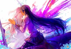  2girls ^_^ abstract_background akemi_homura argyle argyle_clothes argyle_legwear back_bow black_footwear black_hair blackspanich blue_flower boots bow chinese_commentary choker closed_eyes commentary_request dress facing_another flower from_behind hair_bow hand_on_hand highres jacket juliet_sleeves kaname_madoka kiss long_hair long_sleeves mahou_shoujo_madoka_magica mahou_shoujo_madoka_magica_(anime) mitakihara_school_uniform multiple_girls pink_hair puffy_sleeves purple_jacket purple_skirt school_uniform sitting skirt smile thigh_boots two_side_up ultimate_madoka wariza white_background white_choker white_dress yuri 