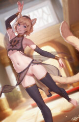  1boy ahoge animal_ear_fluff animal_ears arm_up barefoot blonde_hair blue_eyes blurry blurry_background cat_boy cat_ears cat_tail cleft_of_venus crop_top detached_leggings detached_sleeves florian_(personal_ami) foot_out_of_frame hair_ornament hairclip hat highres looking_at_viewer male_focus navel nipples original parted_lips pelvic_curtain personal_ami pussy reverse_newhalf see-through smile solo standing standing_on_one_leg stomach tail uncensored  rating:Explicit score:179 user:danbooru