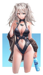  1girl absurdres alternate_costume animal_ear_piercing animal_ears black_one-piece_swimsuit bottle breasts brown_jacket cleavage clothing_cutout double-parted_bangs grey_eyes grey_hair hair_between_eyes halterneck highleg highleg_swimsuit highres holding holding_bottle holding_removed_eyewear hololive jacket large_breasts lion_ears lion_girl long_hair looking_at_viewer messy_hair nathon navel_cutout off_shoulder one-piece_swimsuit shishiro_botan sidelocks simple_background smile solo swimsuit tinted_eyewear two_side_up unworn_eyewear v-shaped_eyebrows virtual_youtuber water_bottle 