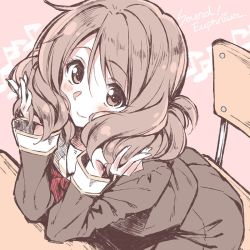  10s 1girl blush chair copyright_name desk elbow_rest hair_between_eyes hibike!_euphonium holding holding_hair leaning_forward looking_at_viewer multiple_monochrome musical_note neckerchief oumae_kumiko pink_background piromizu quaver red_neckerchief school_desk school_uniform short_hair simple_background skirt smile solo spot_color typo  rating:Sensitive score:17 user:danbooru