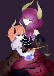  2girls aura_(sousou_no_frieren) bare_shoulders black_gloves black_ribbon blue_eyes blunt_bangs braid brown_dress closed_mouth commentary_request demon_girl demon_horns dress elbow_gloves empty_eyes expressionless feet_out_of_frame gloves gold_necklace hair_ribbon hand_up holding_scale horns hug jewelry juliet_sleeves koganei linie_(sousou_no_frieren) long_dress long_hair long_sleeves low-braided_long_hair low-tied_long_hair multiple_braids multiple_girls necklace orange_hair puffy_sleeves purple_background purple_hair quad_braids red_skirt ribbon shirt simple_background sitting skirt smile sousou_no_frieren spirit split_mouth twintails wariza weighing_scale white_shirt 