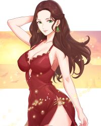  arm_behind_head arm_up breasts brown_hair cleavage collarbone covered_erect_nipples covered_navel dorothea_arnault dress earrings fire_emblem fire_emblem:_three_houses green_eyes highres jewelry large_breasts long_hair looking_at_viewer nintendo red_dress side_slit smile truejekart 