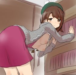  1girl bent_over blush breasts breasts_out brown_eyes brown_hair creatures_(company) dress game_freak gloria_(pokemon) hat mhydrate nintendo nipples pokemon pokemon_swsh short_hair small_breasts smile solo sweater  rating:Questionable score:101 user:JustLewdit