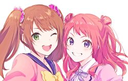  1boy 1girl blue_bow blue_bowtie blue_eyes blue_sailor_collar bow bowtie brown_hair commentary_request eyelashes gakuen_idolmaster gam17m green_eyes grin hair_ornament hair_scrunchie hanami_saki idolmaster idolmaster_side-m jacket light_blush long_hair looking_at_viewer mizushima_saki name_connection one_eye_closed open_mouth pink_jacket pink_scrunchie red_hair sailor_collar scrunchie shirt sidelocks smile teeth twintails upper_body upper_teeth_only v-shaped_eyebrows white_background white_shirt yellow_bow yellow_bowtie 