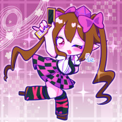  1girl black_necktie black_skirt black_socks blush bow brown_hair cellphone checkered_clothes checkered_skirt collared_shirt commentary_request flip_phone full_body hair_bow hat himekaidou_hatate holding holding_phone leg_ribbon long_hair looking_at_viewer medium_bangs necktie one_eye_closed open_mouth phone pink_background pink_eyes pink_ribbon puffy_short_sleeves puffy_sleeves purple_bow purple_skirt ribbon shirt short_sleeves skirt smile socks solo sparkle tasotasoyan00 tokin_hat touhou twintails white_shirt 