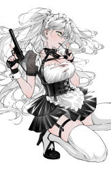  1girl absurdres apron black_choker black_corset black_dress black_gloves blush breasts choker cigarette cleavage corset dress frills gloves gun highres holding holding_gun holding_weapon large_breasts long_hair maid maid_apron maid_headdress mouth_hold nipi27 on_one_knee original puffy_sleeves see-through see-through_sleeves simple_background smoking solo thighhighs torn_clothes weapon white_apron white_background white_hair white_thighhighs wrist_cuffs yellow_eyes 