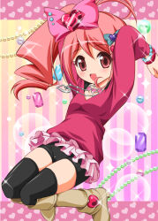  1girl black_thighhighs boots bracelet chisato_(missing_park) flat_chest gem hair_ornament heart heart_hair_ornament jewelpet_(series) jewelpet_kira_deco! jewelry knee_boots oomiya_pink open_mouth pink_eyes pink_hair side_ponytail solo thighhighs 