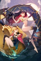  2girls :d anklet armlet asymmetrical_sleeves bare_shoulders barefoot black_dress black_hair black_ribbon blonde_hair blue_fire blush breasts cage cloak colored_inner_hair detached_collar detached_sleeves dress earrings ereshkigal_(fate) fate/grand_order fate_(series) fire floating floating_hair full_body hair_ribbon heavenly_boat_maanna high_heels highres holding holding_cage hood hooded_cloak hoop_earrings ishtar_(fate) jewelry long_hair looking_at_viewer medium_breasts moon multicolored_hair multiple_girls navel open_mouth red_cloak red_eyes red_hair red_ribbon ribbon short_dress siblings siino single_detached_sleeve single_sleeve single_thighhigh sisters skull_ornament sky smile star_(sky) starry_sky stomach thighhighs thighs tiara two_side_up underboob yellow_cloak 