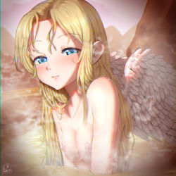 1girl blonde_hair blue_eyes blush breasts closed_mouth collarbone completely_nude exratio feathered_wings filo_(tate_no_yuusha_no_nariagari) highres lips loli long_hair looking_at_viewer nipples nude onsen outdoors parted_bangs partially_submerged small_breasts smile solo tate_no_yuusha_no_nariagari upper_body very_long_hair water white_wings wings rating:Questionable score:122 user:danbooru