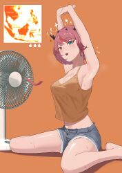  1girl absurdres alternate_costume armpits arms_up barefoot blue_eyes breasts camisole commentary denim denim_shorts electric_fan english_commentary grey_shorts heterochromia highres hololive hololive_english inset irys_(casualrys)_(hololive) irys_(hololive) large_breasts looking_at_viewer map_(object) orange_camisole parted_lips pointy_ears purple_hair red_hair shift_(shiftillust) short_hair shorts sitting solo stretching sweat virtual_youtuber wariza 