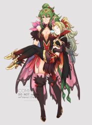  2girls absurdres ahoge artist_name black_dress black_footwear black_gloves black_pantyhose blonde_hair boots breasts cape carrying carrying_person cleavage commentary commission dress drooling english_commentary facing_viewer fire_emblem fire_emblem_awakening fire_emblem_heroes flower full_body gloves gold_footwear green_eyes green_hair hair_between_eyes hair_flower hair_ornament highres large_breasts long_hair looking_at_another mouth_drool multiple_girls nintendo nose_bubble nowi_(fire_emblem) nowi_(resplendent)_(fire_emblem) official_alternate_costume pantyhose pointy_ears ponytail princess_carry sierra117renner sleeping small_breasts thigh_boots tiara tiki_(adult)_(fire_emblem) tiki_(adult)_(resplendent)_(fire_emblem) tiki_(fire_emblem) 