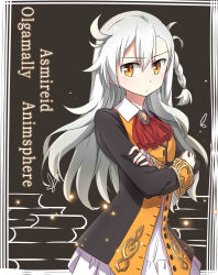  1girl absurdres antenna_hair ascot braid brooch character_name closed_mouth commentary_request crossed_arms english_text engrish_text fate/grand_order fate_(series) gold_trim hair_between_eyes highres jewelry lizi long_hair long_sleeves looking_at_viewer olga_marie_animusphere ranguage red_ascot side_braid solo white_hair yellow_eyes 