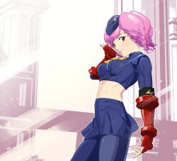  1girl blue_skirt breasts closed_mouth cofffee commentary drill_hair enero fingerless_gloves garrison_cap gloves hat long_hair looking_at_viewer medium_breasts midriff necktie pantyhose pink_hair red_eyes ribbed_sleeves shadaloo_dolls skirt smile solo street_fighter street_fighter_zero_(series) 
