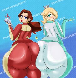  2girls aqua_eyes ass ass-to-ass ass_focus ass_press biker_clothes bikesuit blonde_hair blue_eyes bodysuit brown_hair come_hither crown donkey_kong_(series) earrings from_behind gloves hair_over_one_eye huge_ass jewelry long_hair looking_at_viewer looking_back mackdazzle mario_(series) mario_kart mario_kart_8 mario_kart_8_deluxe microphone multiple_girls naughty_face nintendo parted_lips pauline_(mario) rosalina skin_tight smile super_star_(mario) 